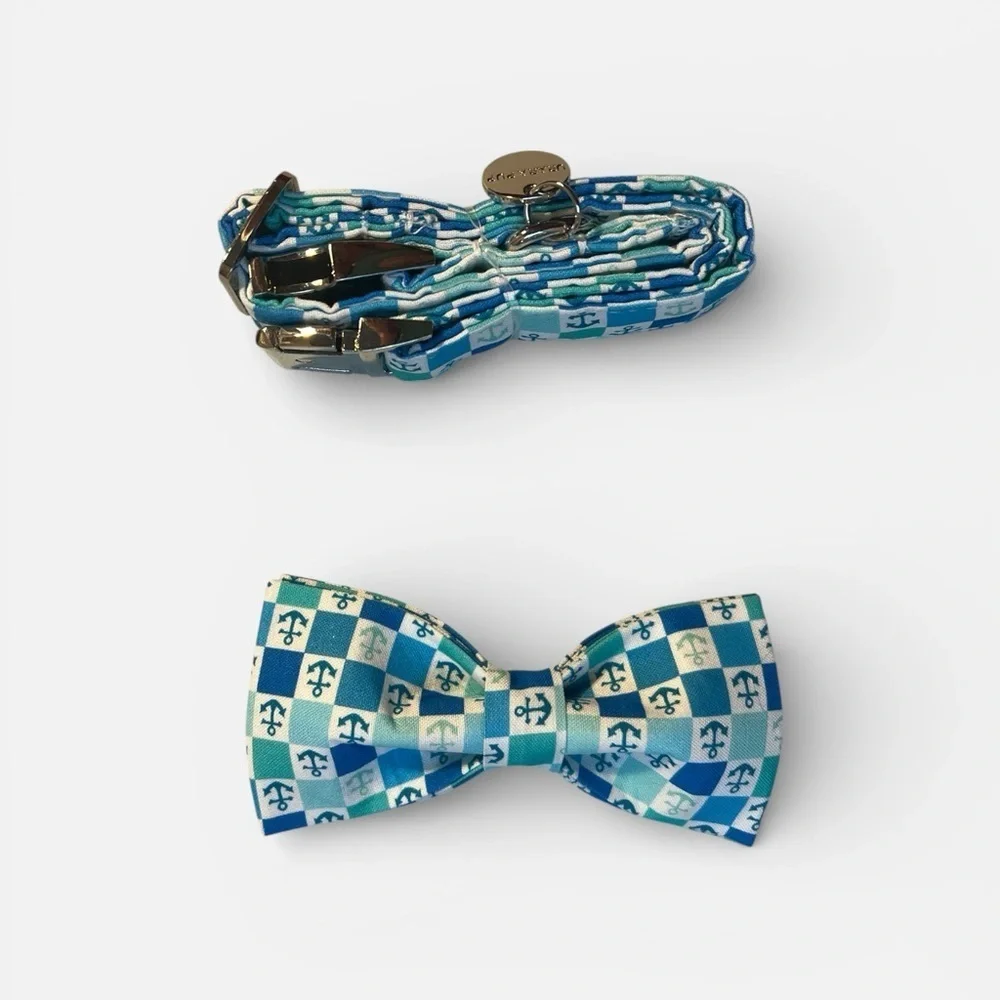 Urara Pup Dog Collar Bow Tie – Nautical Blue & White Anchor – Medium – NWT
